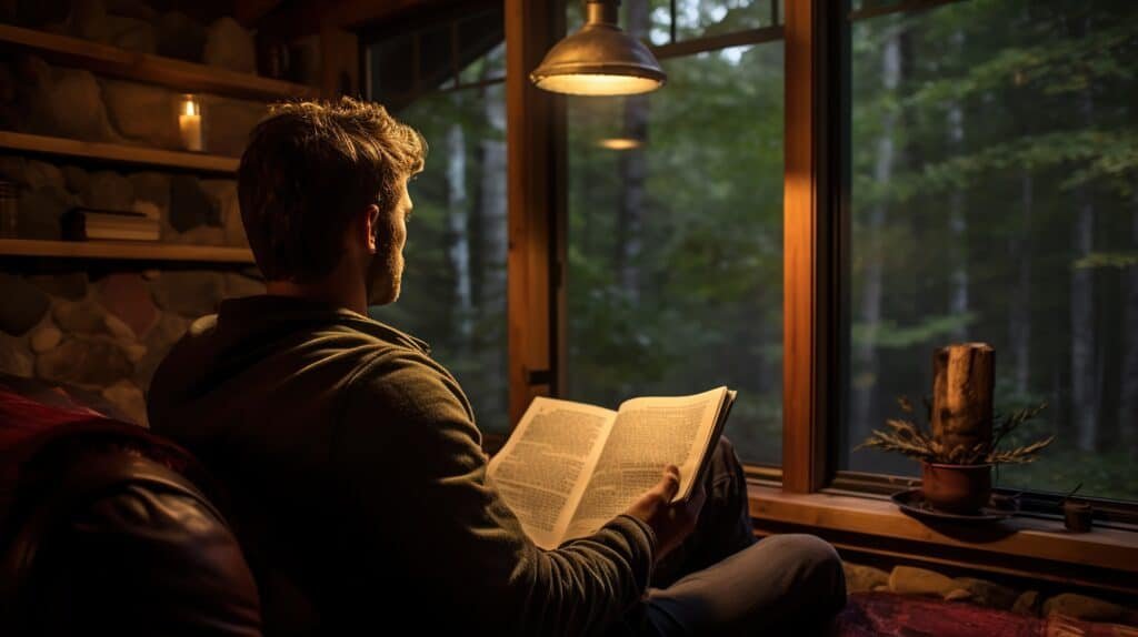 man unwinding with a book by a cabin window