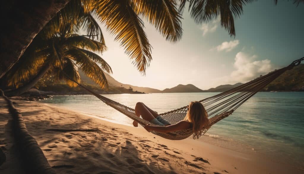 one woman swinging in hammock, carefree relaxation generated by ai