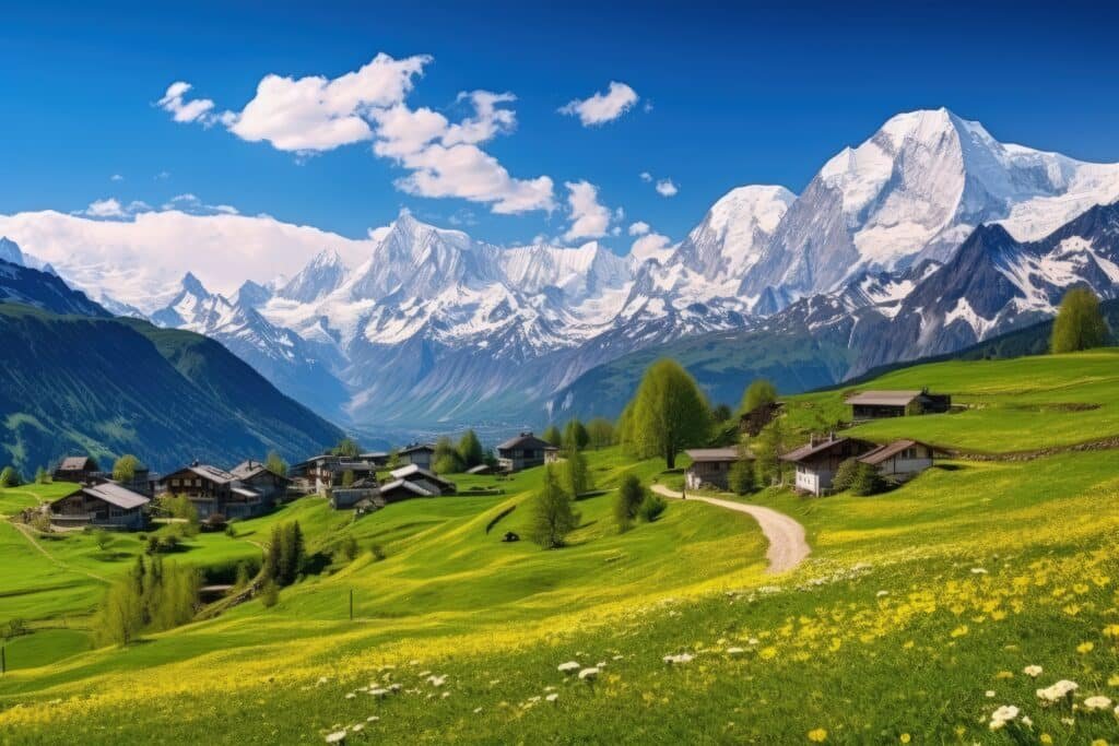 alpine scene with lush meadows vibrant flowers and snow capped peaks afar
